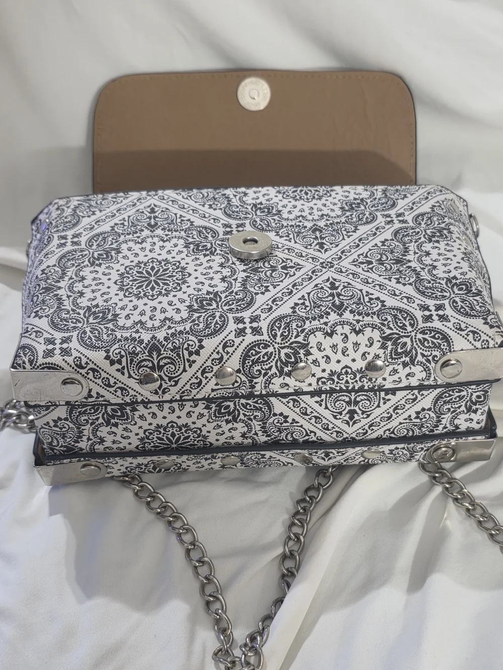 Black White Paisley Top Handle Bag Chain Strap Structured Purse